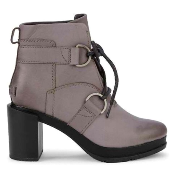Sorel Shoes - Sorel Margo Lace Up Ankle Heeled Platform Boot Bootie, Quarry Gray Leather 10.5